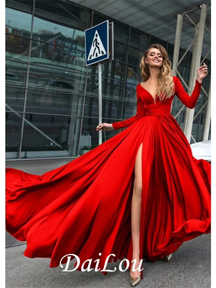 A-Line Empire Minimalist Holiday Formal Evening Dress V Neck Long Sleeve Floor Length Spandex with Split Front 2021