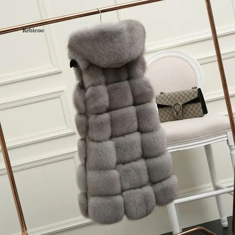 Pelliccia di volpe artificiale donna gilet lungo cappuccio in pelle moda lusso spesso cappotto caldo giacca gilet di pelliccia tinta unita cappotto da donna con cappuccio