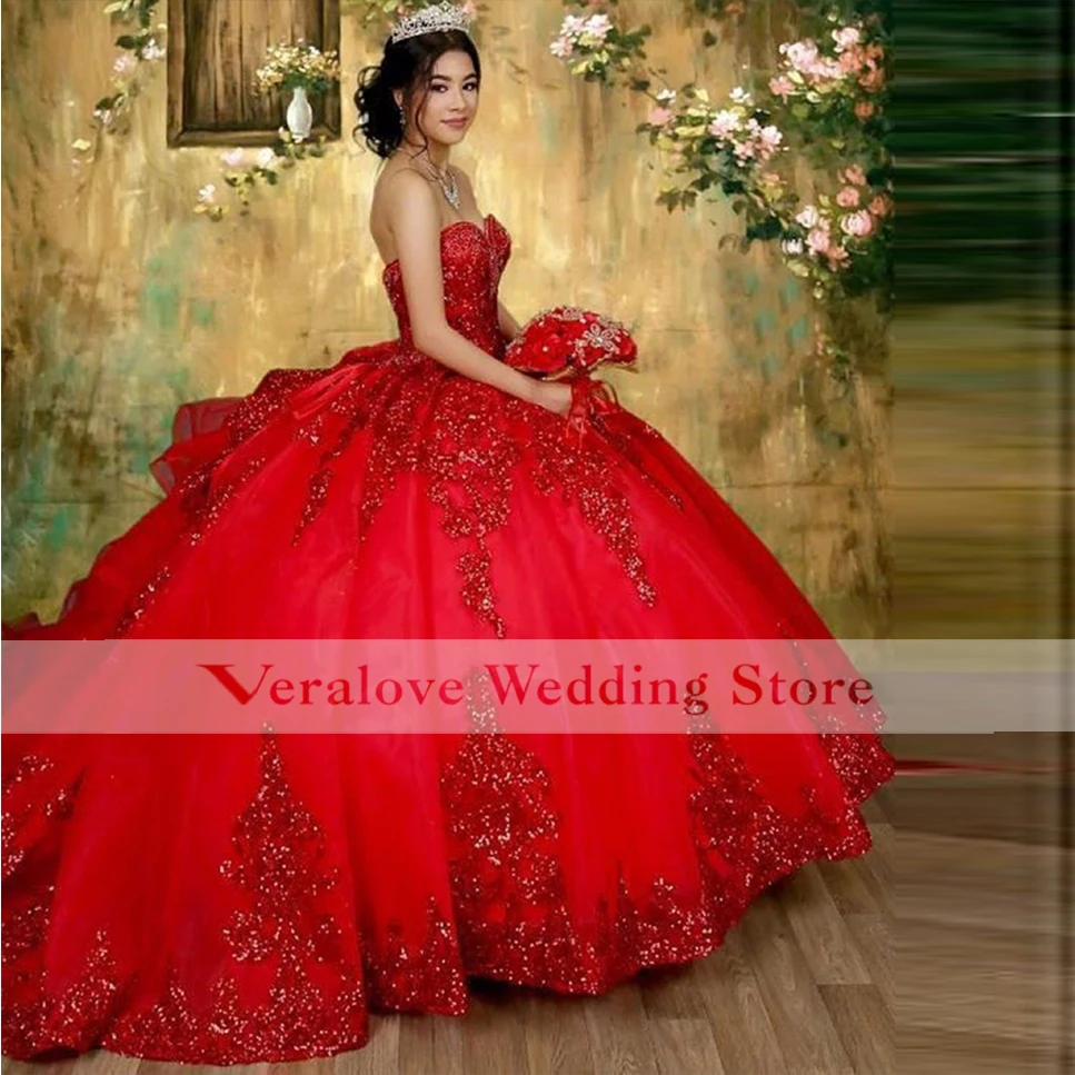 Veralove สีแดงเจ้าหญิง Quinceanera 2022 Sweetheart Sequins Lace Robe De Soirée De Mariage