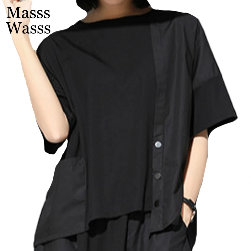 Masss Wasss 2021 Korean Designer Summer Tops Womens Vintage Loose O-Neck Tshirts Ladies Casual Punk Black Tee Shirts Plus Size