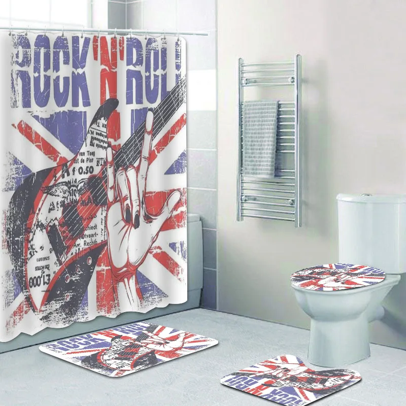 Grunge Union Jack Rock and Roll Guitar Shower Bath Curtains for Bathroom Rock Music Home Decor Bath Mats Rugs Toilet Lid Cover