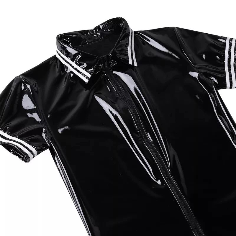 Plus Size Mens Sexy Glossy PVC Leather Bodysuit Erotic Shaping Latex Casual Coat Male Shiny Metallic Patent Leather Shirts Sexi