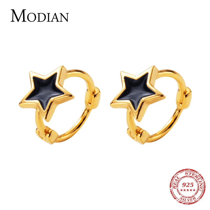 

Modian Black Enamel Stars Jewelry For Girl & Women Exquisite Gold Color 925 Sterling Silver Fashion Pentagram Hoop Earrings