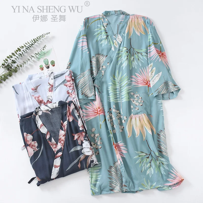 News Sleepwear Style Robe Thin Women Nightgown Flower Printed Half-sleeve Pajamas Bathrobe for Female Dress Gown Home Costomes