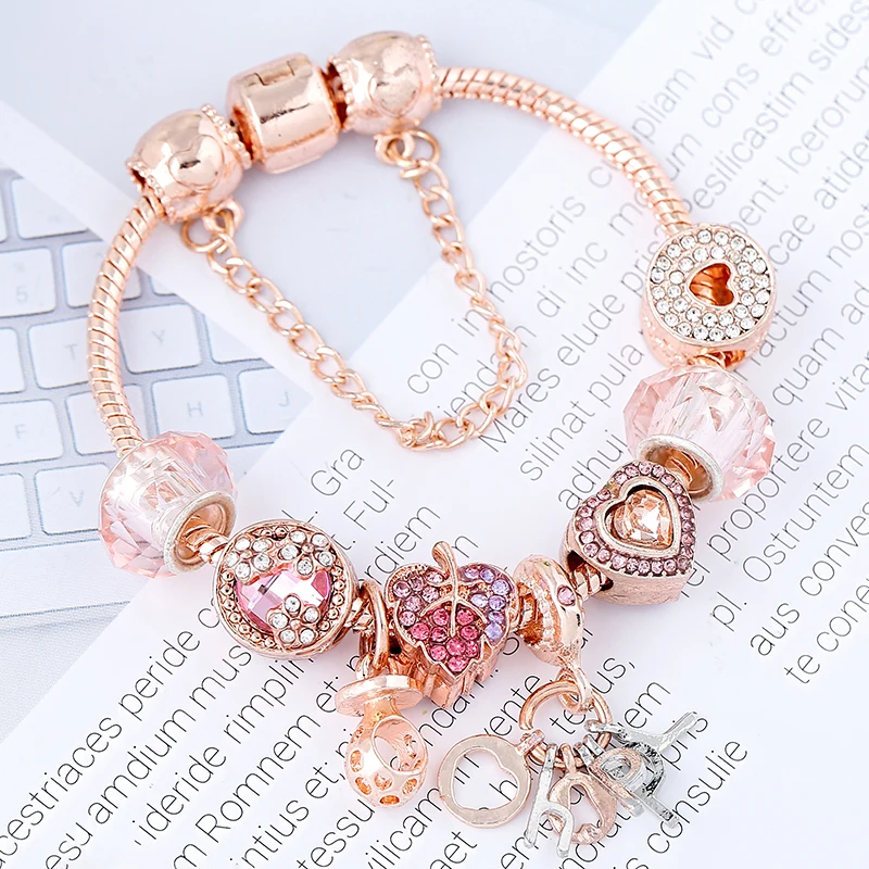 BAOPON Luxury Rose Gold HAPPY Pendant Charm Bracelets&Bangles For Women Silver Plated Bracelet Handmade Jewelry Crystal Bracelet