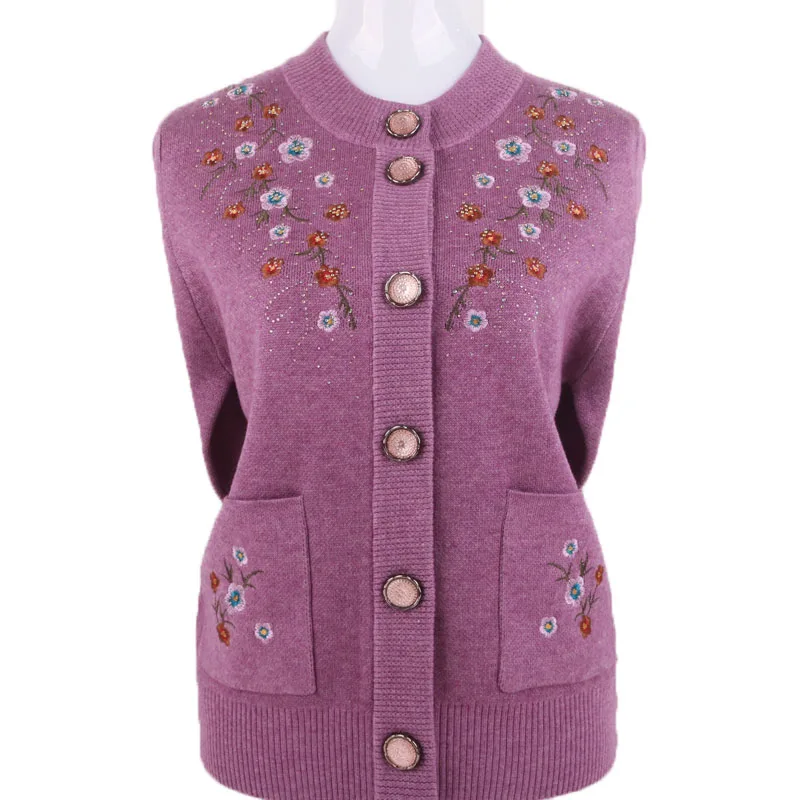 

Knitted Sweaters Cardigan Jacket Middle-aged And Elderly Women's Wool Sweater Single-breasted Embroidery Spring Autumn Coat Tops