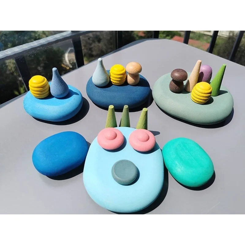 Children Rainbow Wood  Blocks Loose Parts Toy Mushrooms  Montessori Wooden Droplets Jigsaw