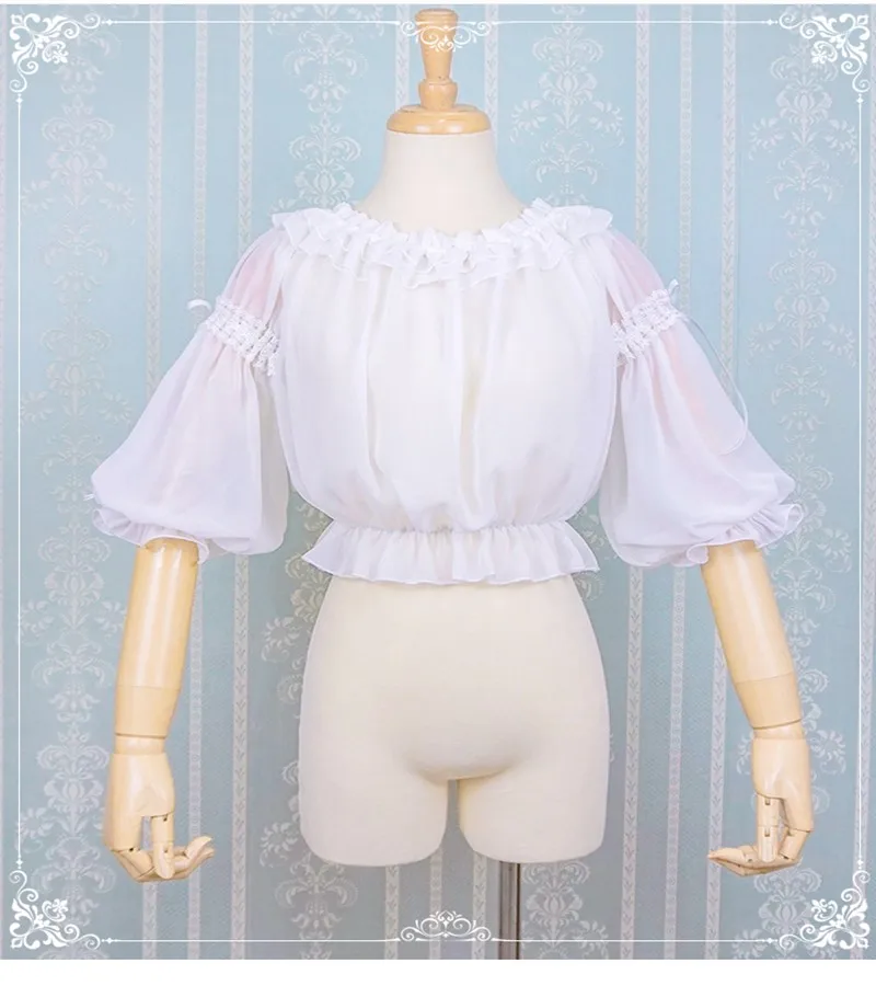 Japanese sweet lolita shirt vintage falbala lace bowknot slash neck lantern sleeve victorian shirt kawaii girl gothic lolita top