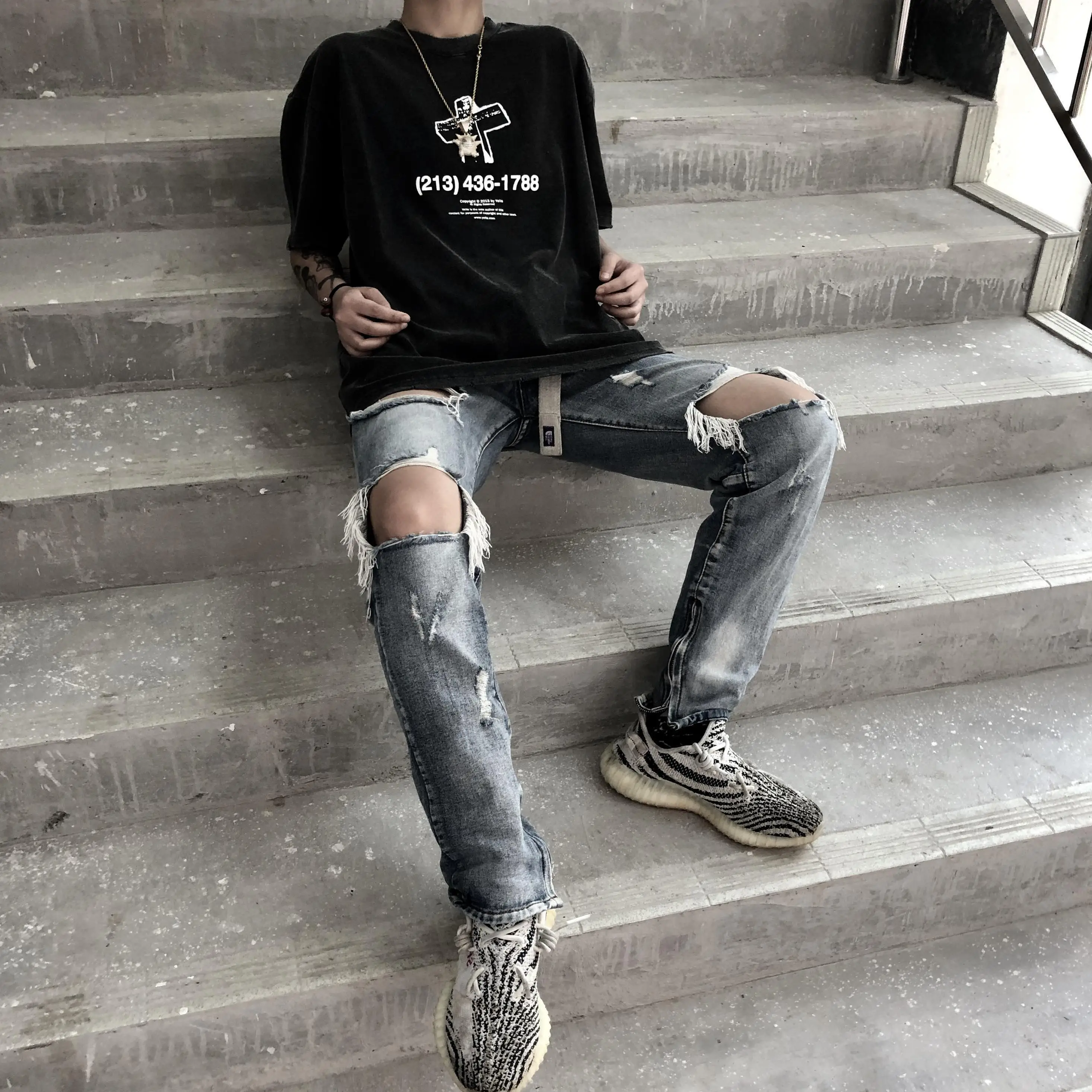 

BANNAJI Men`s Punk Style Jeans Ripped Ankle Zipper Knee Hole Street Hip Hop Slim Fit Gothic Jeans Denim Joggers For Male