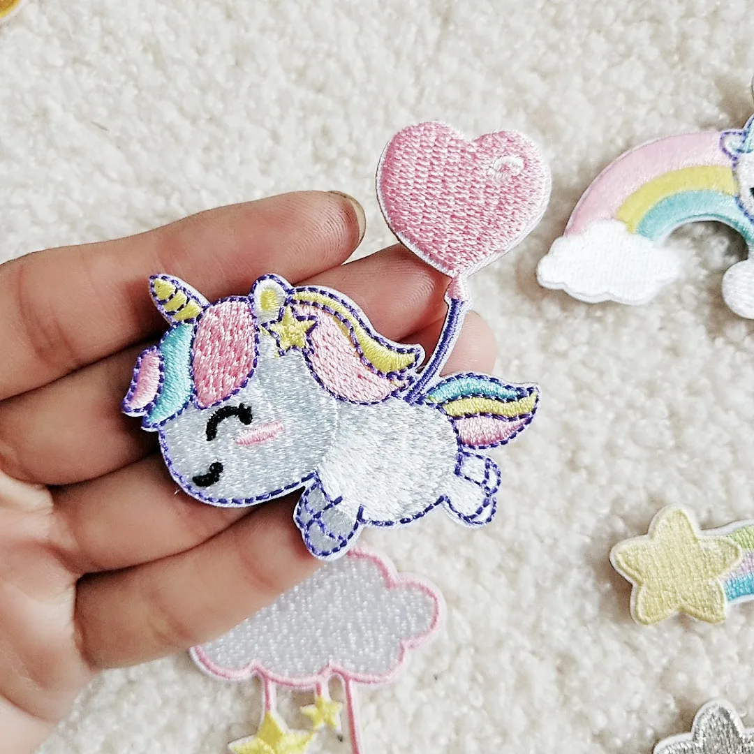 Self-adhesive Cartoon Unicorn Rainbow Star Embroidery Iron Patches for Clothing Sticker on Clothes Hole Repair Appliques Stripes