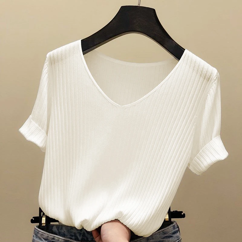 Blouse Women Blusas Mujer De Moda 2024 Verano Short Sleeve White Blouse V-Neck Knitted Blouse Shirt Tops Women Blouse Blusa E403