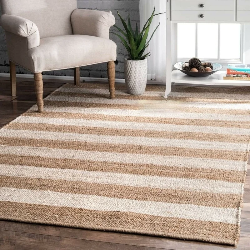 Home Living Room Decoration Area Carpet 100% Natural Jute Hand-woven Circular Stripes Double-sided Modern