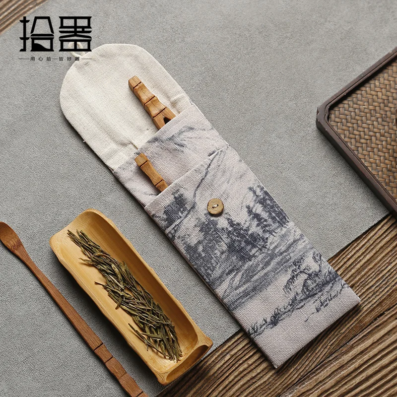 Bamboo Tea Three-piece Cotton and Linen Storage Bag Set Kung Fu Tea Set Accessories Bag Tea Clip Six Gentleman Tea  Accessories