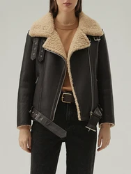 Delle nuove Donne Shearling Giacca Nera Giacca di Pelle Cappotto di Pelliccia di Inverno Breve Rivestimento Del Motociclo di Modo Cappotto di Lana