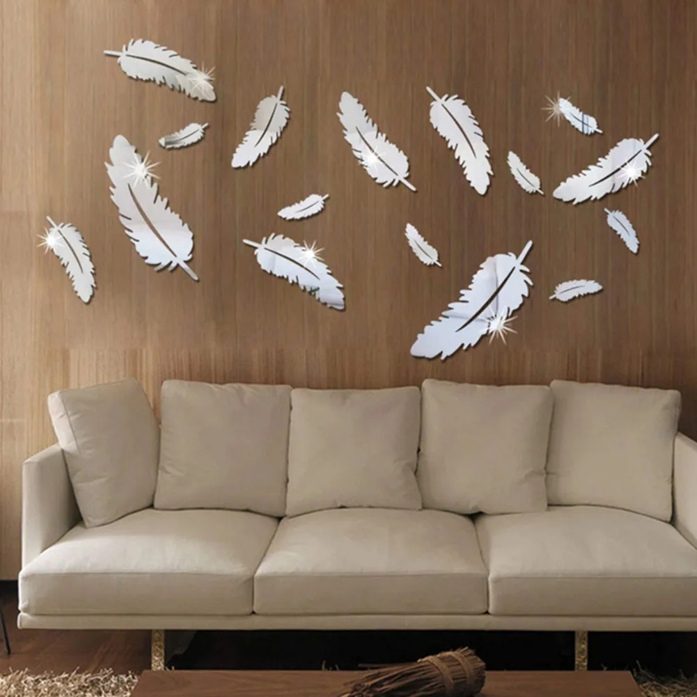 8PCS Silver Feather Wall Stickers Removable 3D Mirror Wall Decal Art Vinyl Home Room Decoration Living Room Porch Poster