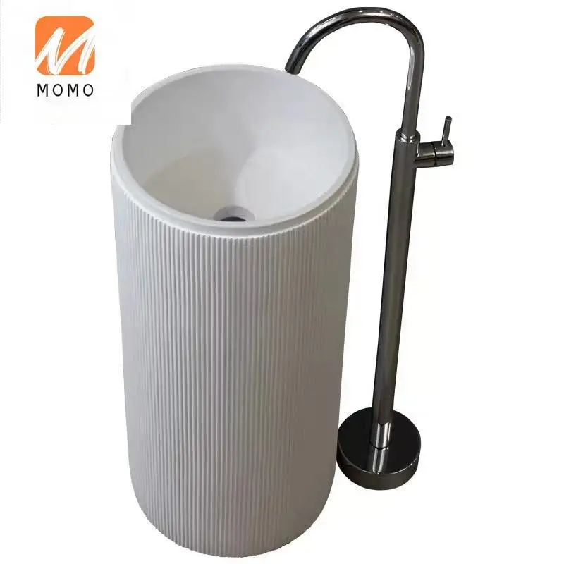 Luxury Hotel White Color Freestanding Hand Wash Basin Solid Surface Artificial Stone Bathroom Sink Pedestal Basin