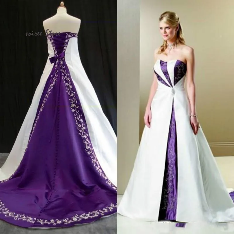 Gothic White And Purple Wedding Dresses 2024 Vintage Embroidery Costume Medieval Wedding Gowns Sexy Strapless Satin Bride Dress