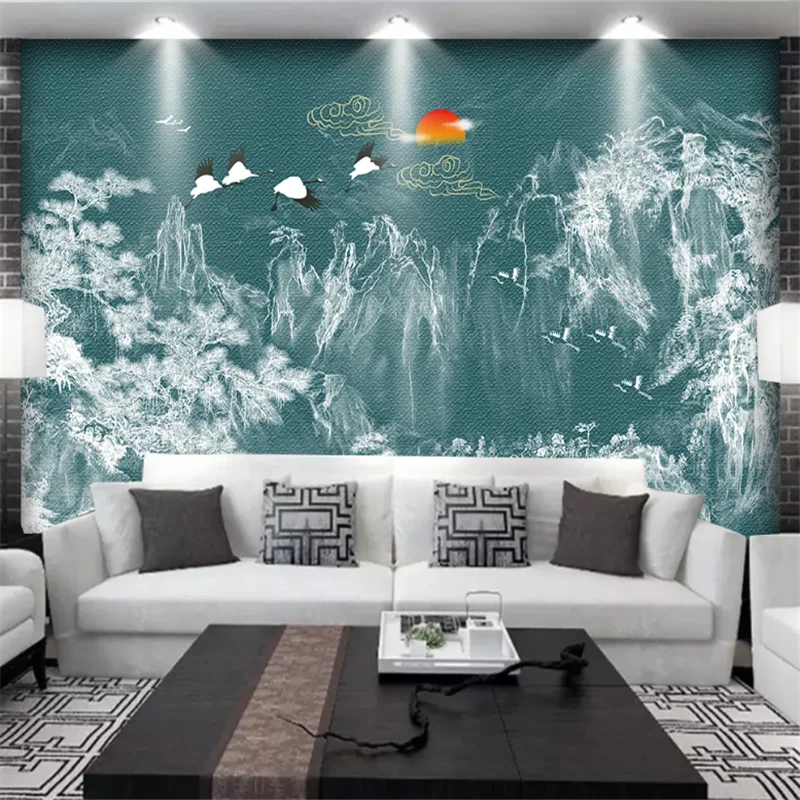 

wellyu Customized large mural new Chinese style mountain crane background living room bedroom sofa background wall