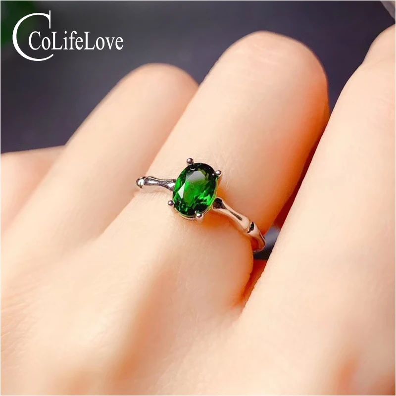 

CoLife Jewelry Fashion Silver Bamboo Ring 5mm*7mm Natural Diopside Ring 925 Silver Chrome Diopside Jewelry