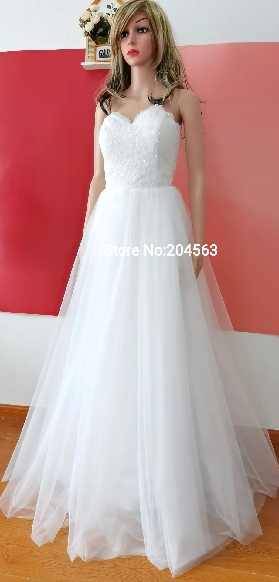 A Line Sweetheart Lace Bodice Wedding Dress Summer Bridal Dress with 3 Layers Tulle Skirt