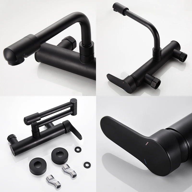 ELLEN Wall Sink Faucet Hot Cold Water Mixer Black Tap Two Holder Wall Mouned Kitchen Faucets ELK5884