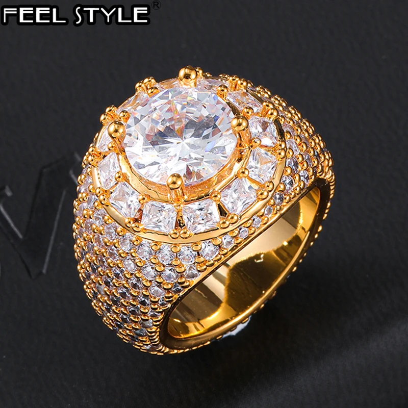 Hip Hop Bling Iced Out Baguette Big Clustered Band Cubic Zircon Rings Tready Copper Zirconia Ring For Men Jewelry