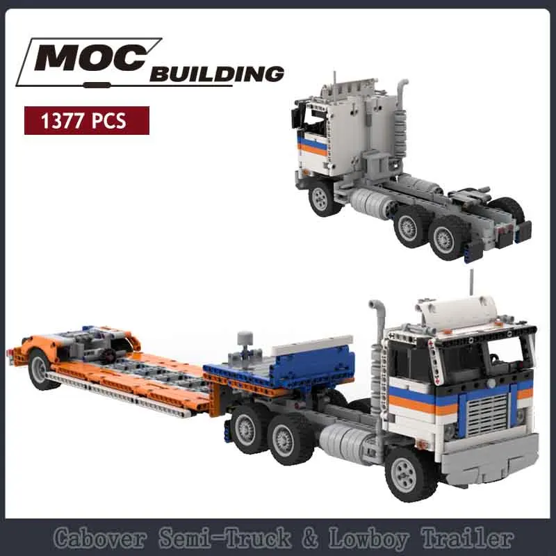 Moc Building Blocks Cabover Semi-Truck Lowboy Trailer Technology Bricks Motor Educational Toys Puzzle Gift