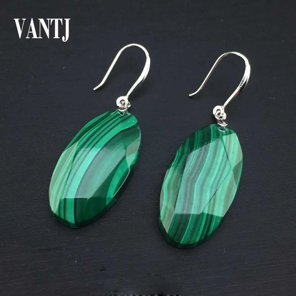 VANTJ Natural Malachite Earrings Sterling 925 Silver Big Stone Oval15*30mm Crystal Fine Jewelry For Woman Lady Man Party Gift