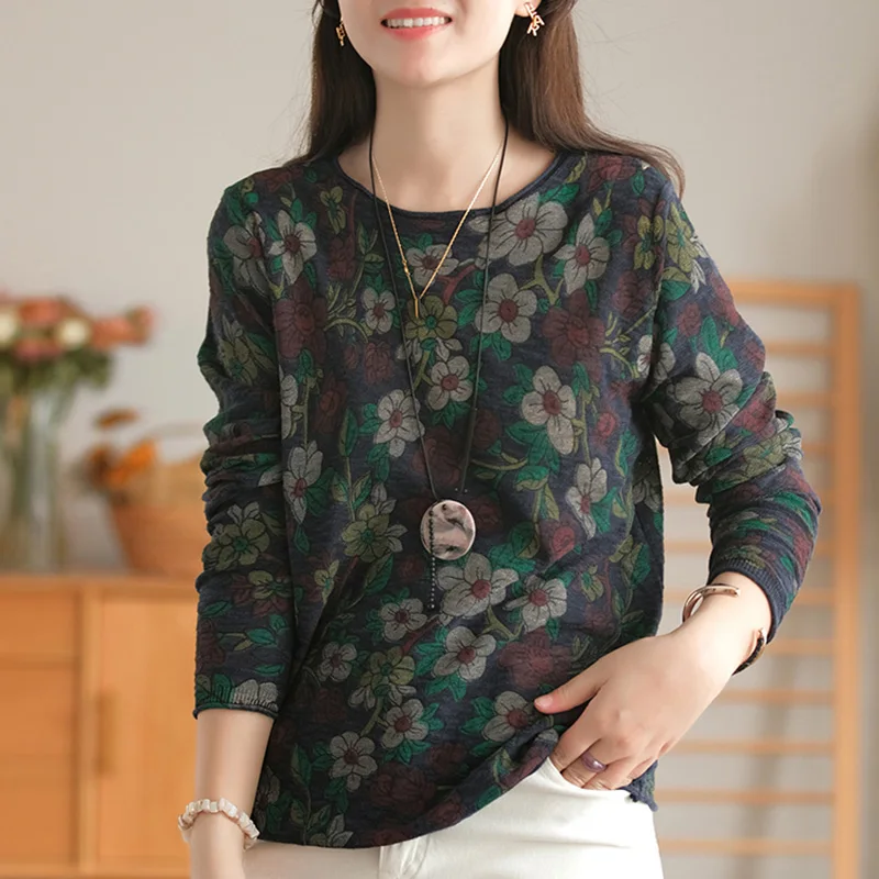 Women Knitted T-shirt Cotton O-Neck Long Sleeve Print Floral Pullover 2021 Autumn New Loose Casual Comfortable T-shirt V2259