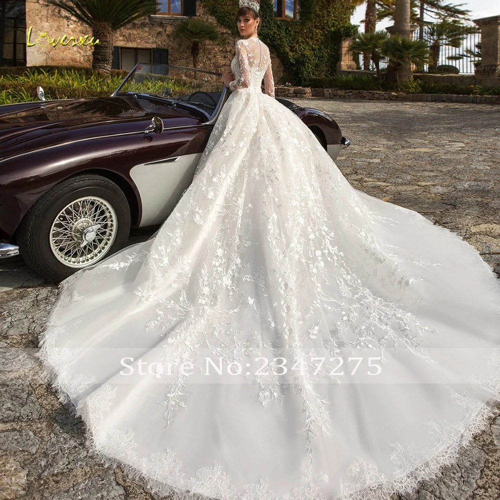 Loverxu Ball Gown Wedding Dresses O-Neck Long Sleeve Vestido De Novia Lace Appliques Princess Custom Made Robe De Mariee