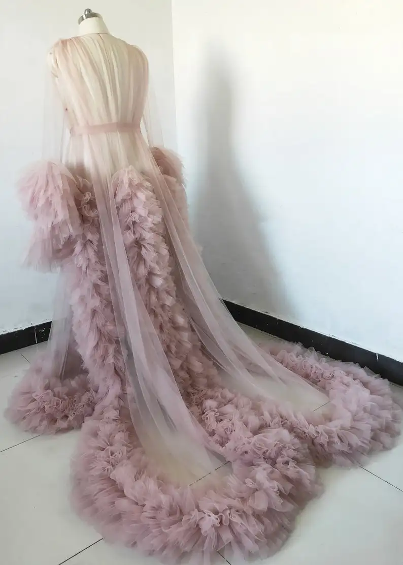 Robe de bal transparente à manches longues bouffantes pour femmes enceintes, tenue de bal à volants, à plusieurs niveaux, à la mode