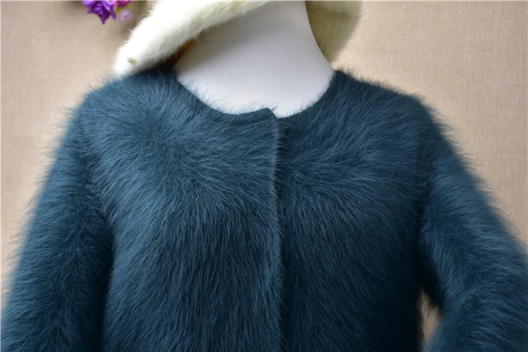 top majur causal o-neck long sleeves solid jackets mink cashmere Lined and double side pockets rabbit fur sweater coat kniwear