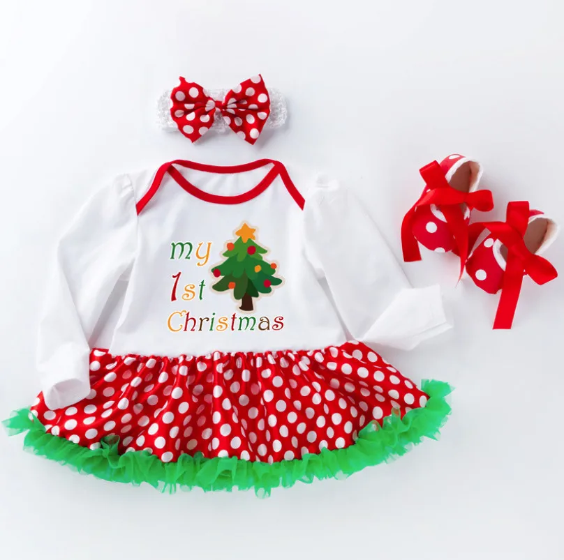 Infant Baby Mädchen 1st Weihnachten Kostüm Santa Claus Strampler mit Polka Dot Tutu Röcke + Schuhe + Stirnband + Socken cosplay Geschenk 0-24M