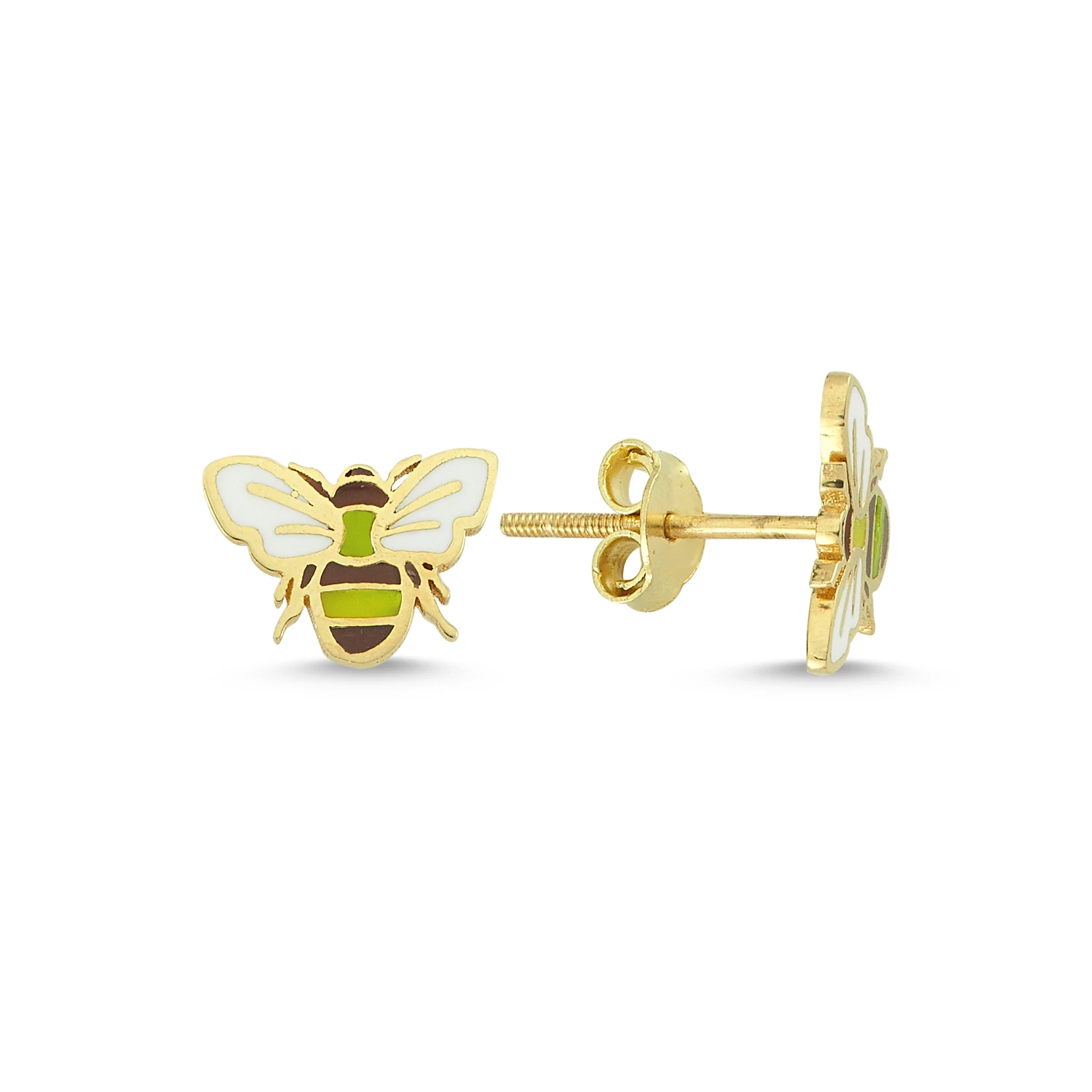 14K Real Gold Enamel Bee Baby and Children Stud Earrings