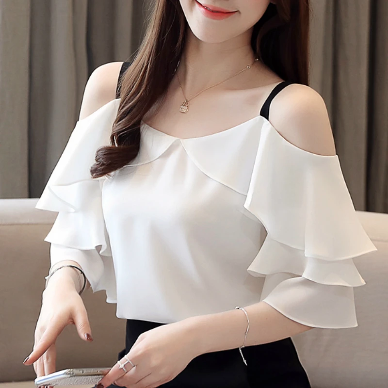 Fashion Blouses Woman 2024 Off Shoulder Top Women Blouses White Chiffon Blouse Women Camisas Mujer Womens Tops And Blouses B296