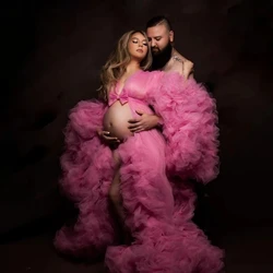 Fashion Puffy Ruffles Maternity Dress For Photoshoot Pink Women Pregnant Gowns Lush Tulle Bow Robe Bathrobes