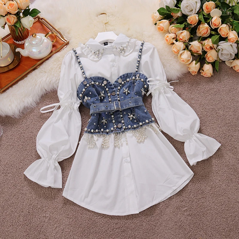 High Quality Shinny Diamond Beaded Denim Vest White Shirt Dress 2pcs Suits Puff Sleeve Blouse + Tassel Pearl Sets Female Fashion