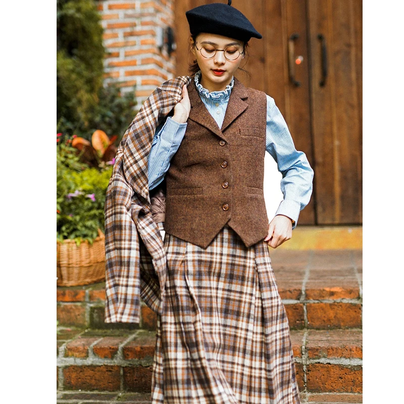 Women's Vest Herringbone Wool Warm Vest High Street Casual Vest Lapel Vest Jacket Waistcoat