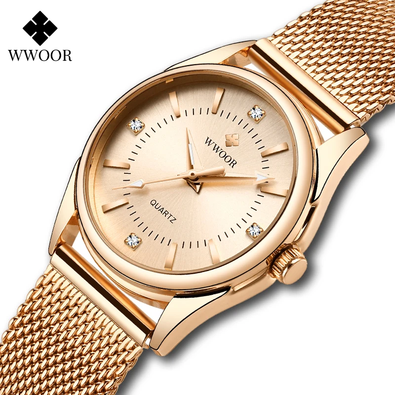 WWOOR-reloj de cuarzo con diamantes de lujo para mujer, pulsera pequeña de oro rosa, regalos, 2024