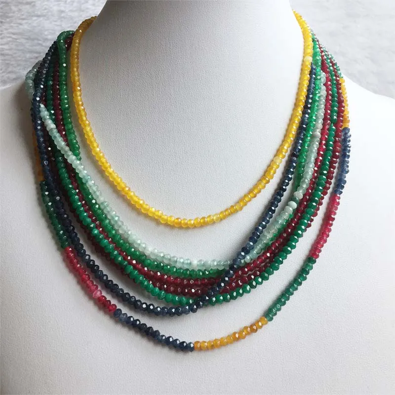 Natural Emerald Ruby Sapphire 2*3mm Beads Women Luxury Necklace About 45cm Varnish Preciosas Small Size Jade Stone