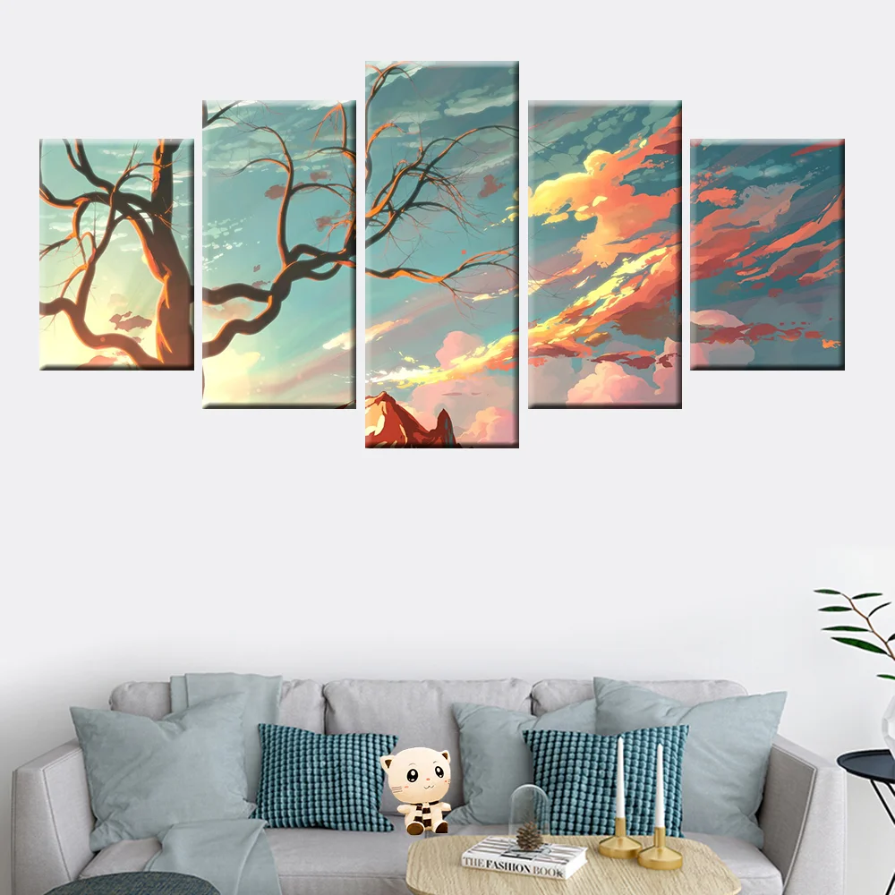 Wall Art Canvas Painting 5 Panel HD Print Comic Cloud Sky Beautiful Landscape Picture Poster Living Room Bedroom Mural