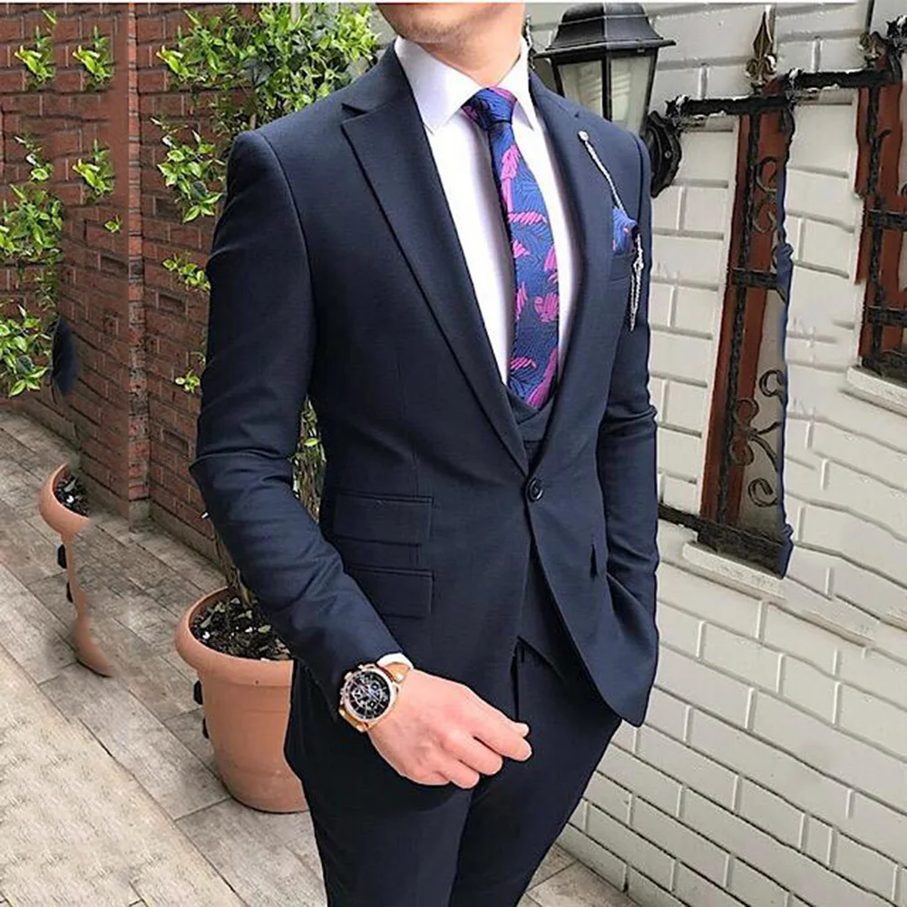Navy Men Suits New Design Design Wedding and Business Suits 3-Piece Flat Slim Fit Tuxedos Prom Suits Set (Blazer+vest+Pants)
