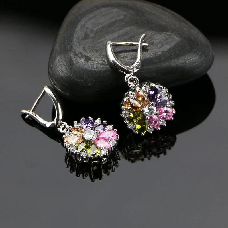 Bride 925 Silver Jewelry Sets For Women Flower With Multicolor Cubic Zirconia Necklace/Ring/Earrings/Bracelet/Pendant