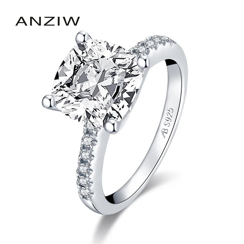 ANZIW  Fashion 925 Sterling Silver 3.25 Carat Cushion Cut Engagement Ring Simulated Diamond Wedding Silver Ring  Jewelry Gifts