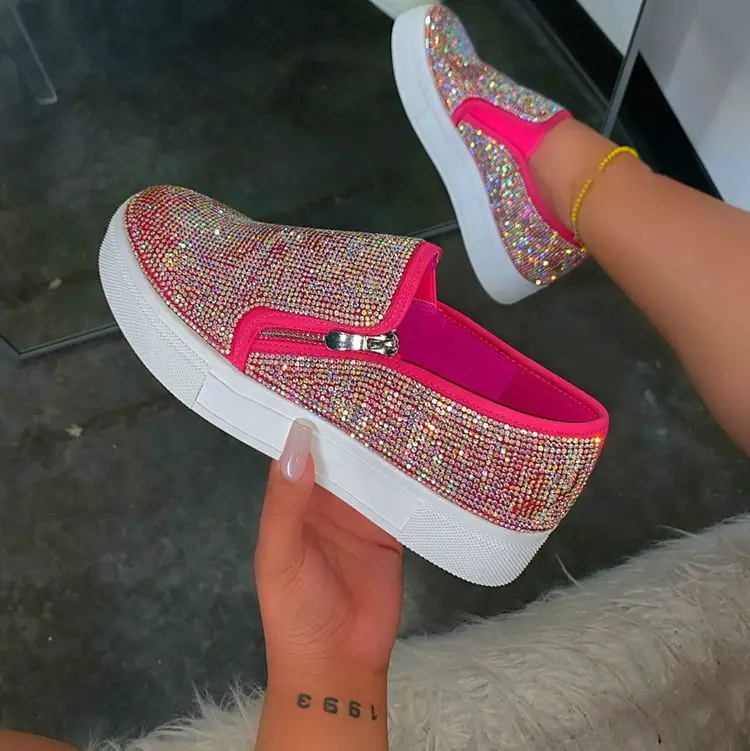 Women Bling Flats Sequins Crystal Studded Slip On Lazy Loafer Flat Round Toe Rhinestone Shoes 2020 Fashion Female Sneakers 8bv