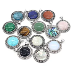 1pcs Natural Stone Round Shape Charm Green Aventurine Tiger Eye Pendant for Necklace Accessories or Jewelry Making Size 38x42mm