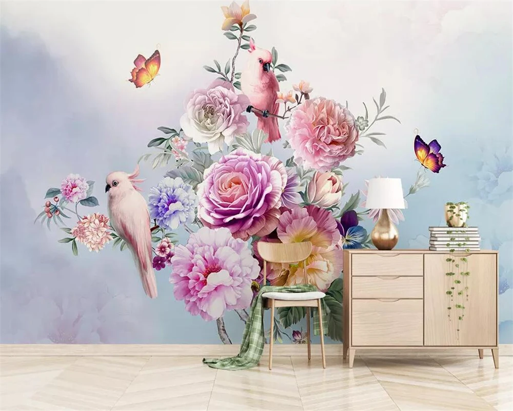 

WELLYU 3D Custom wallpaper hand-painted vintage rose parrot TV background wall European style living room bedroom 3Dwallpaper