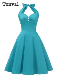 Tonval Turquoise Buttons Halter Sexy Party Backless Lace-Up Corset Dress Women 50s Style Vintage Robes Summer Swing Dresses