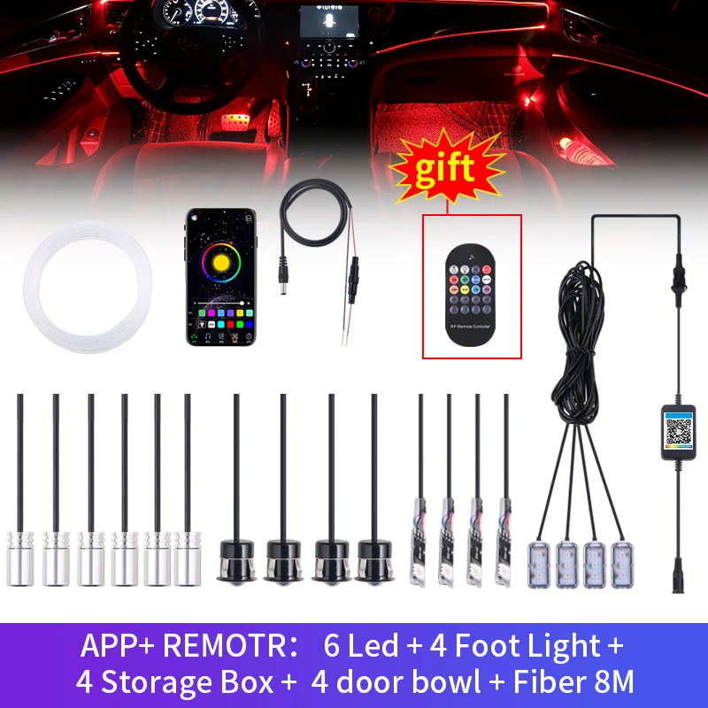 

18Pcs Thread-free Atmosphere Lamp Remote and APP Bluetooth Control Car Foot Light Optical Fibre 64colors Dashboard Door lights