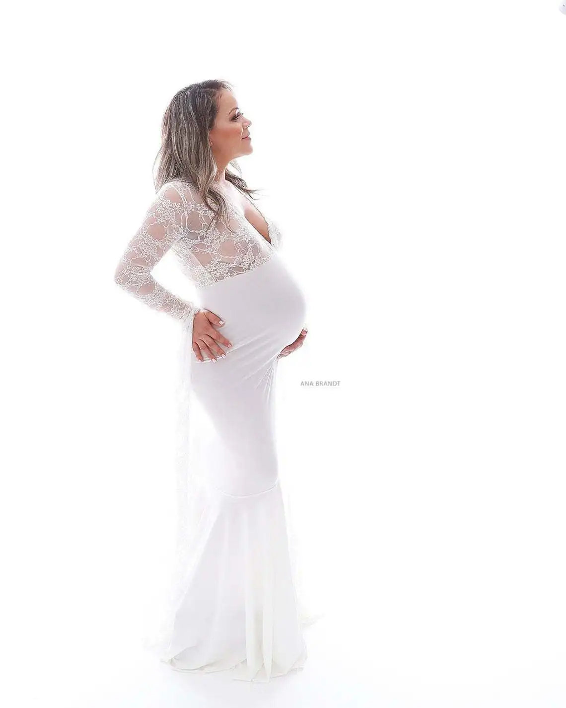 White Sexy Maternity Dresses For Photo Shoot Lace Fancy Pregnancy Dress Photography Props Flare Sleeve Pregnant Women Maxi Gown